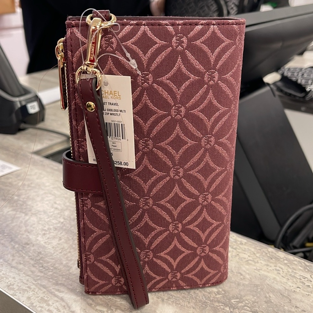 Michael Kors Jet Set Travel Large Double-Zip Wristlet-Wallet-PhoneHolder Oxblood - Picture 5 of 16